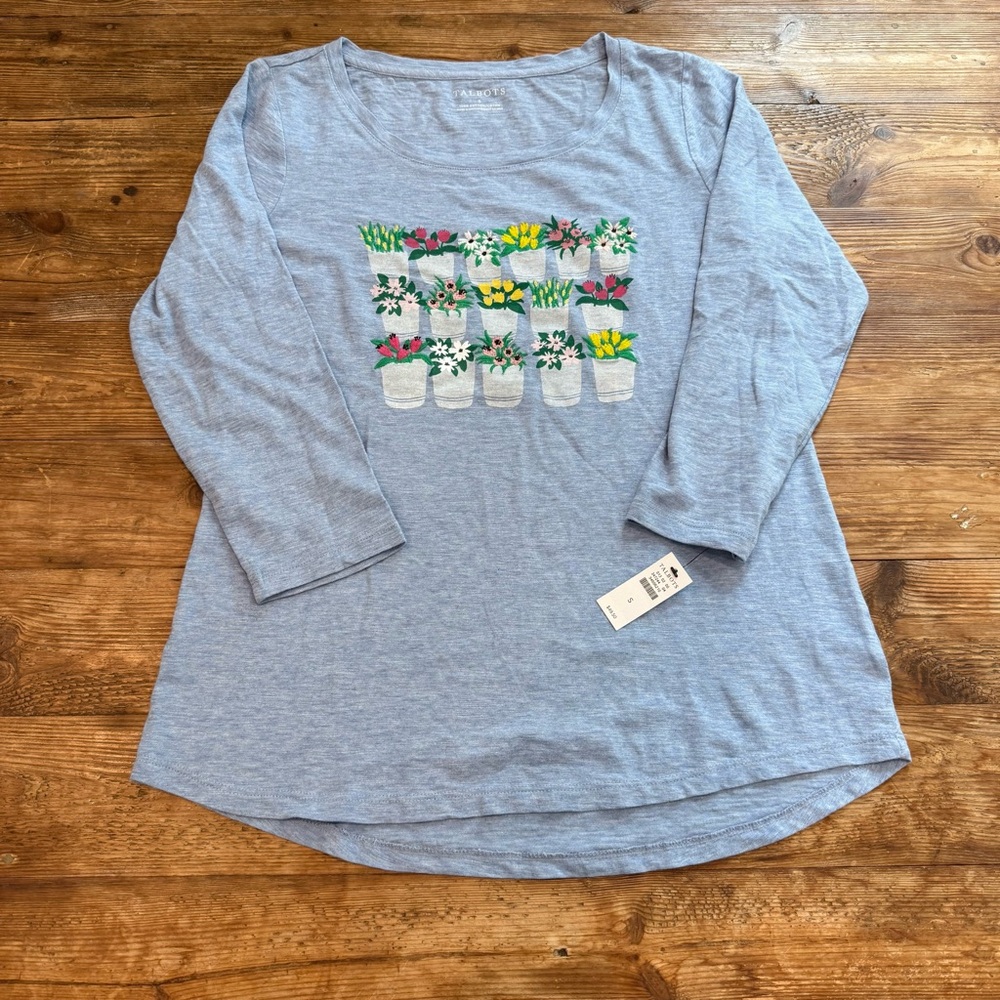 Talbots Blue Cotton Embroidered Flower Pots Design Long Sleeve T-Shirt Small NWT